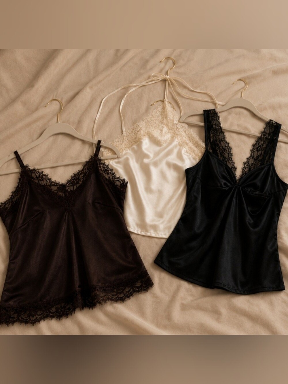 Lace Trim Satin Cami Set Of 3 - Black, Chocolate & Ivory Size S